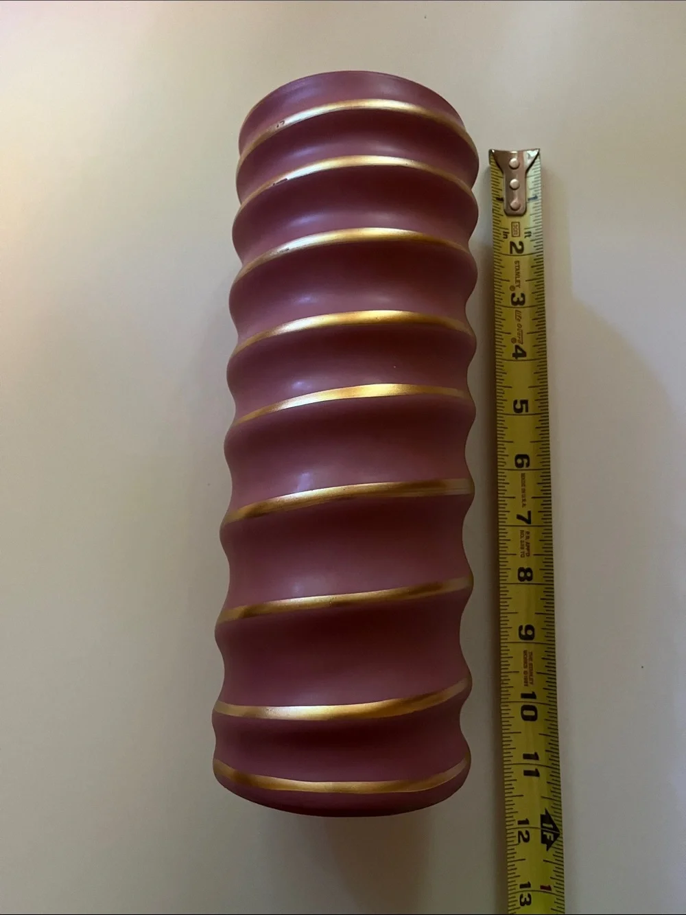 🌸✨ Vintage Pink & Gold Ribbed Ceramic Vase | 11” Decorative Floral Vase